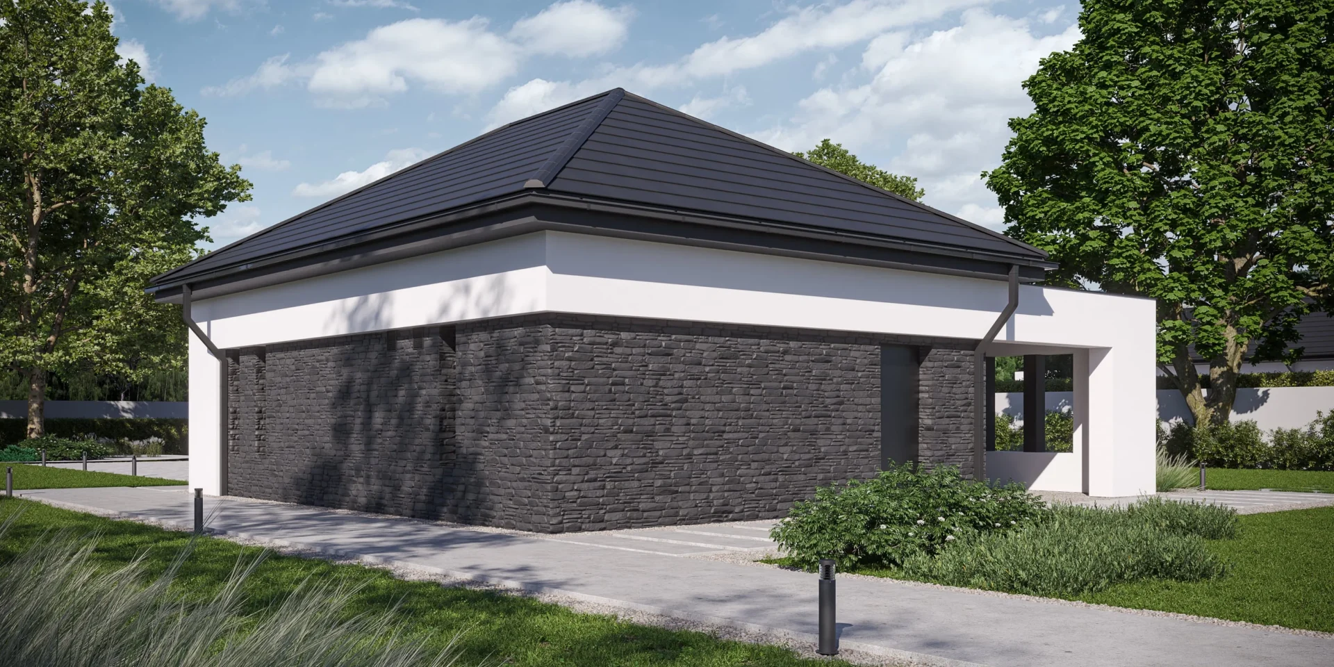 Projekt garażu dwustanowiskowego z wiatą na auto i pomieszczeniem gospodarczym Modern House Garage 02