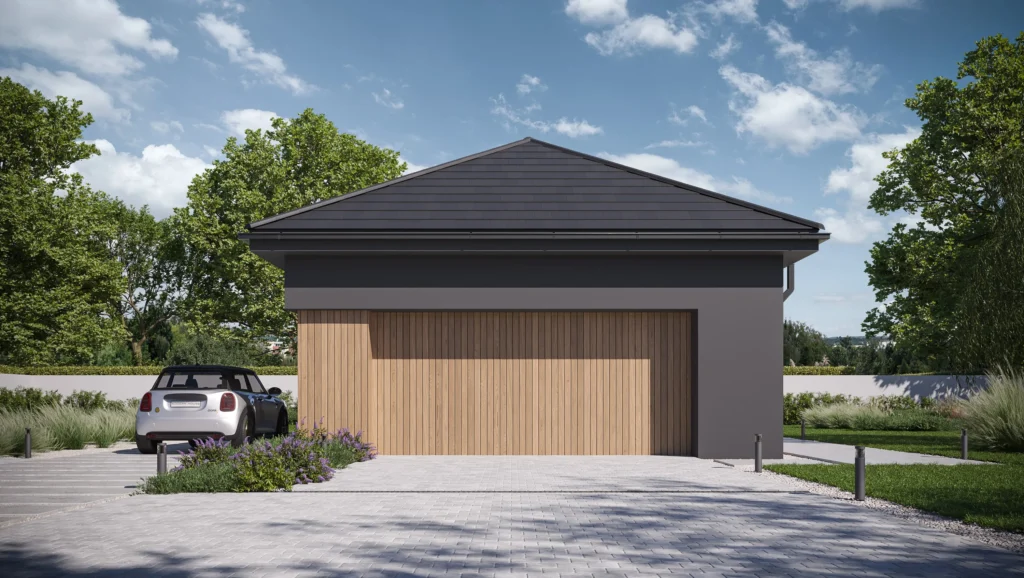 Projekt wolnostojącego garażu na dwa auta z dodatkowym pomieszczeniem gospodarczym za garażem Modern House Garage 04