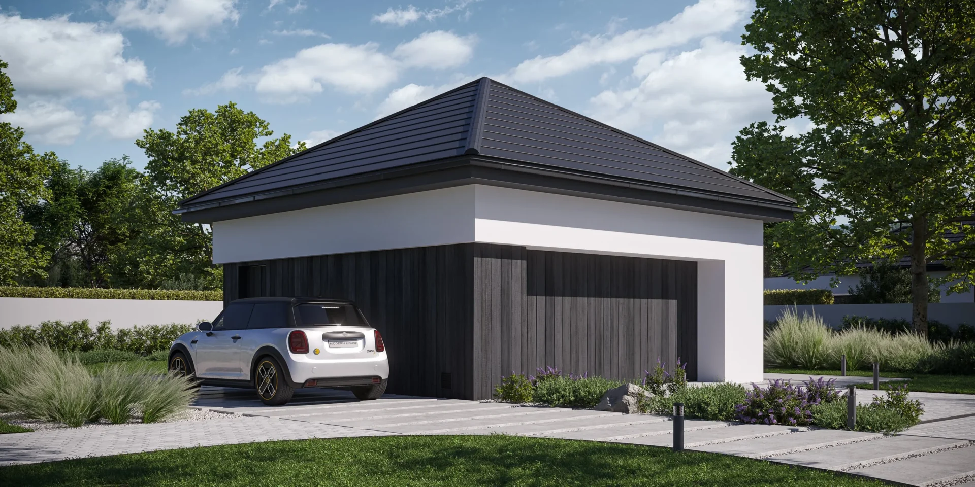 Gotowy projekt garażu dwustanowiskowego z dachem kopertowym Modern House Garage 03