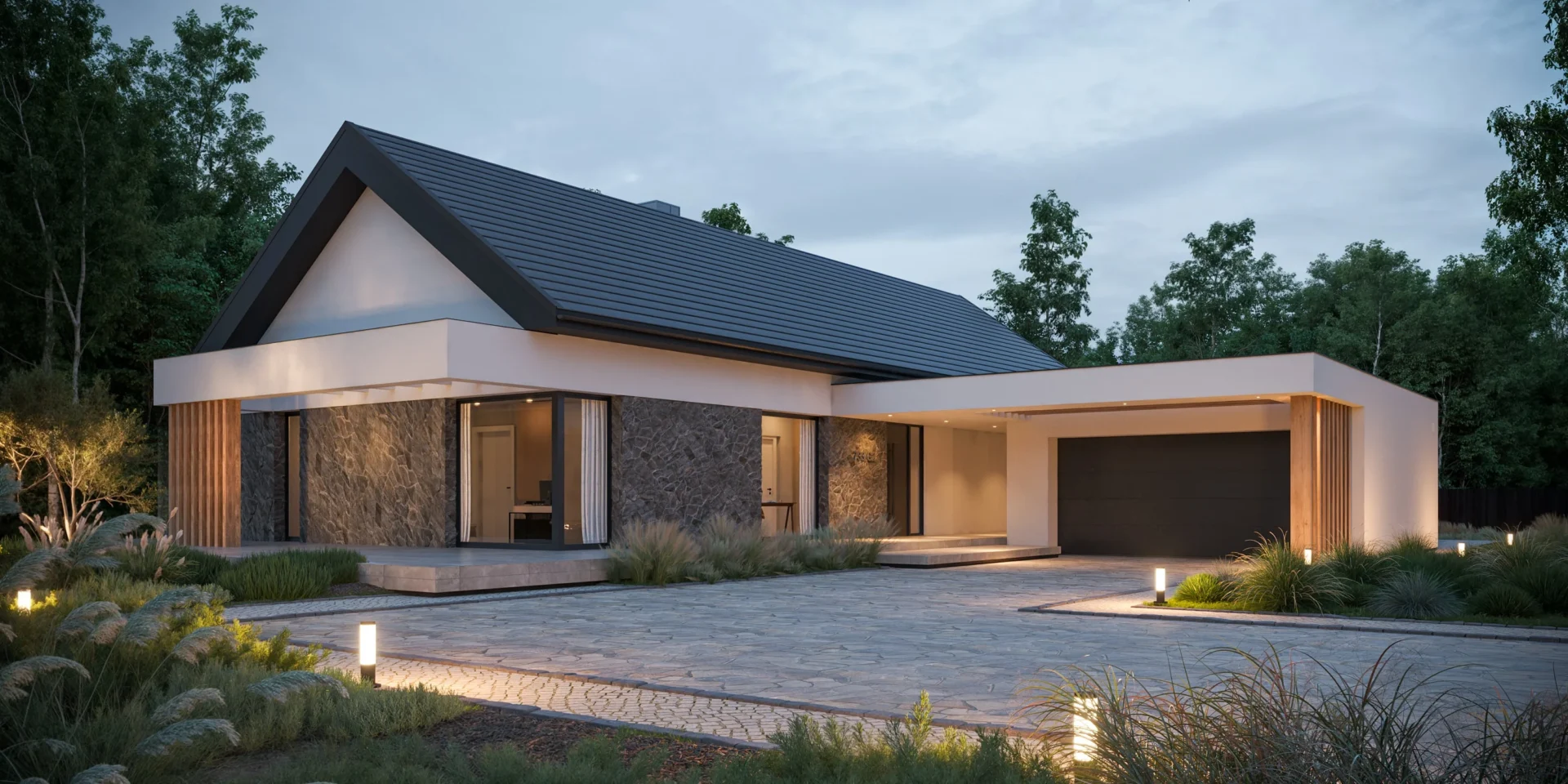 Projekt domu parterowego połączony zadaszeniem z garażem dwustanowiskowym NewHouse 733 G2