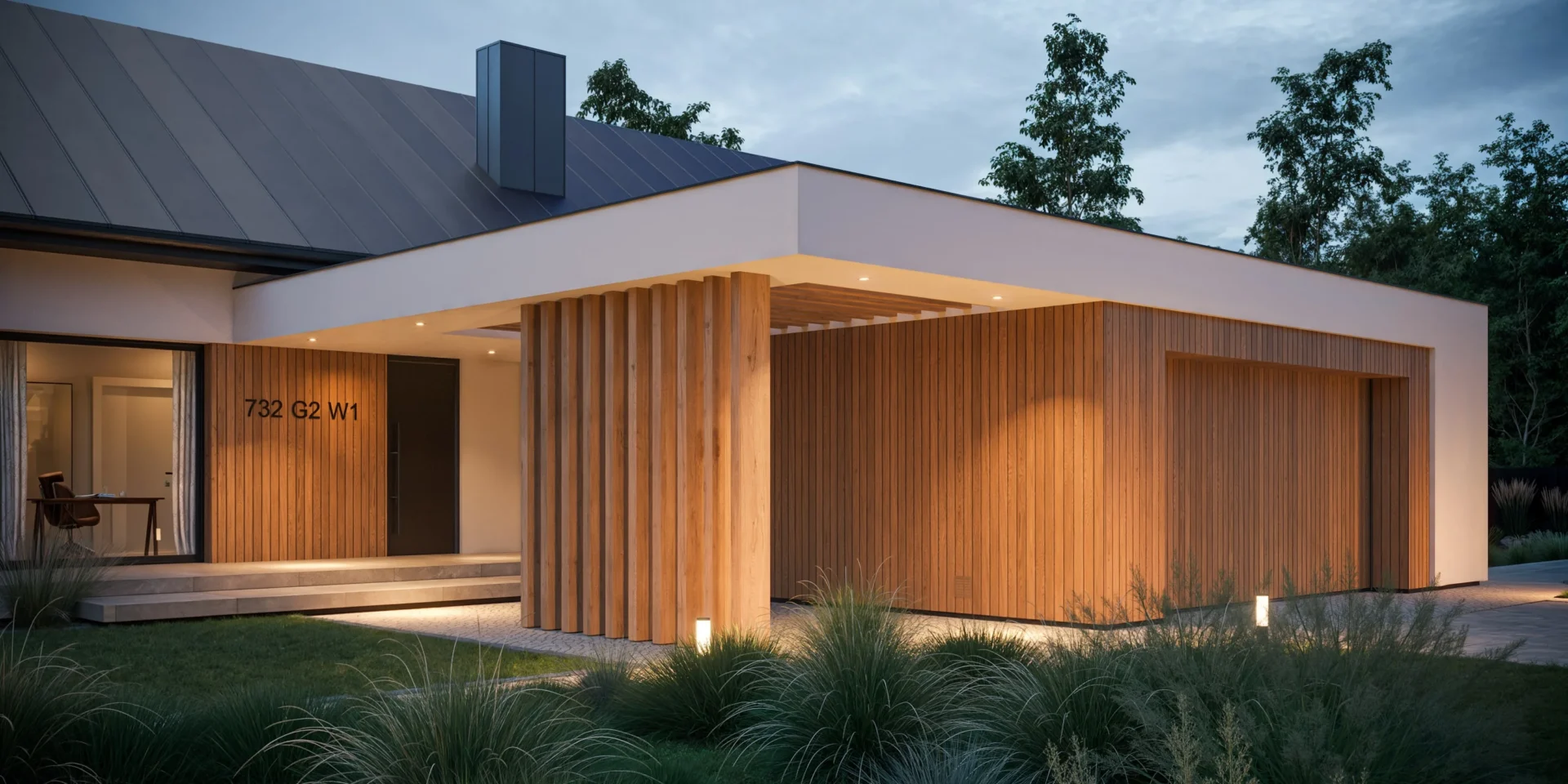 Zadaszona strefa wejściowa z ażurową ścianką gotowy projekt domu o powierzchni 143 m2 z garażem Modern House NewHouse 732 G2 w1