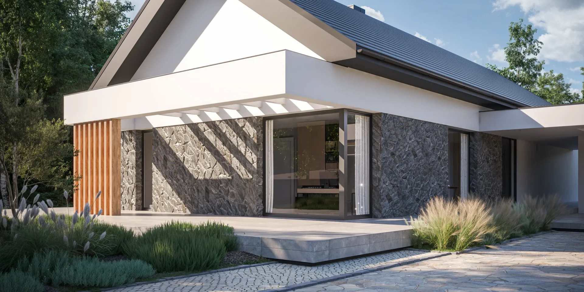 Nowoczesny parterowy projekt domu w elewacji z kamieniem naturalnym o nieregularnym kształcie Modern House NewHouse 733 G2