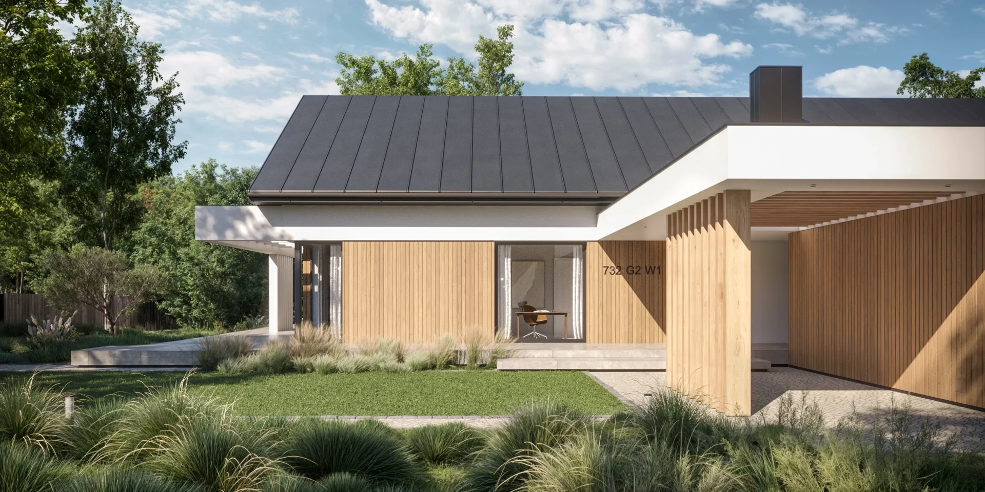 Parterowy projekt domu dla dużej rodziny, 140 m2 powierzchni, 4 sypialnie, garaż na 2 samochody Modern House NewHouse 732 G2 w1