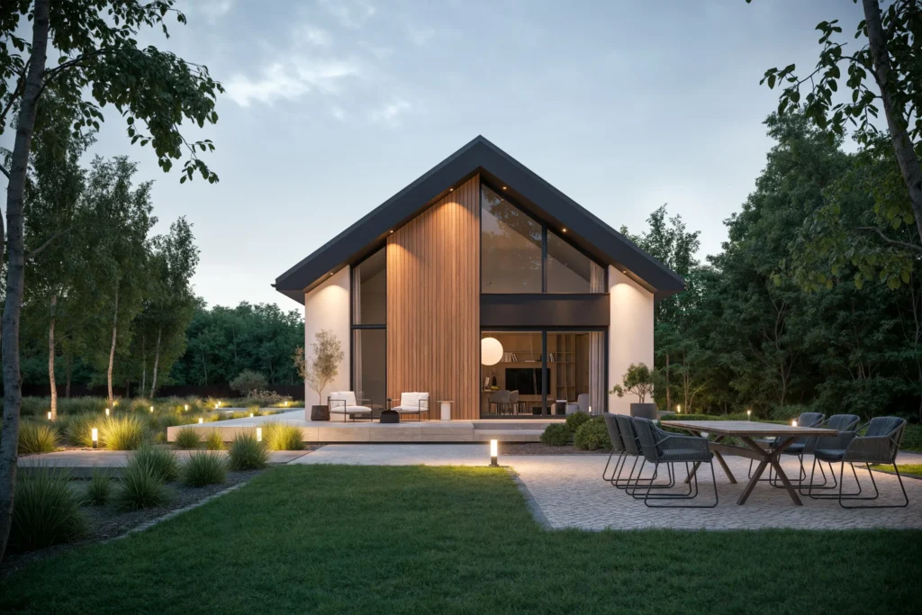 Projekt domu z dachem dwuspadowym, otwartą strefą dzienną z wysokim sufitem nad salonem, przeszkloną ścianą Modern House NewHouse 733