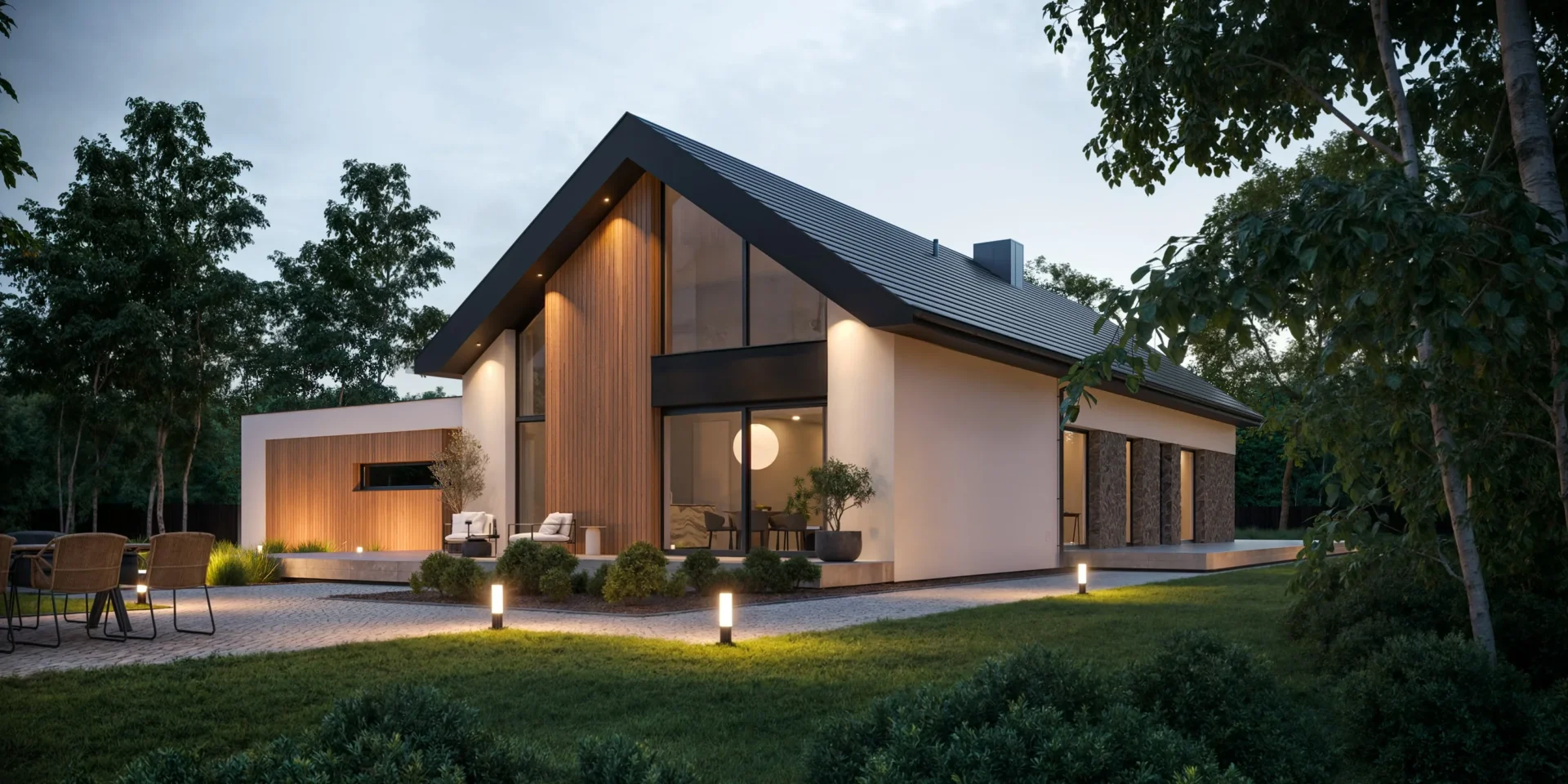 Projekt domu z wysokim sufitem w salonie i oknem trapezowym podzielonym belką NewHouse 733 G2