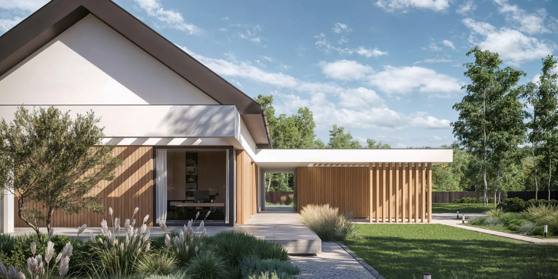 Projekt domu parterowego z przejściem między domem a garażem Modern House NewHouse 732 G2 w1