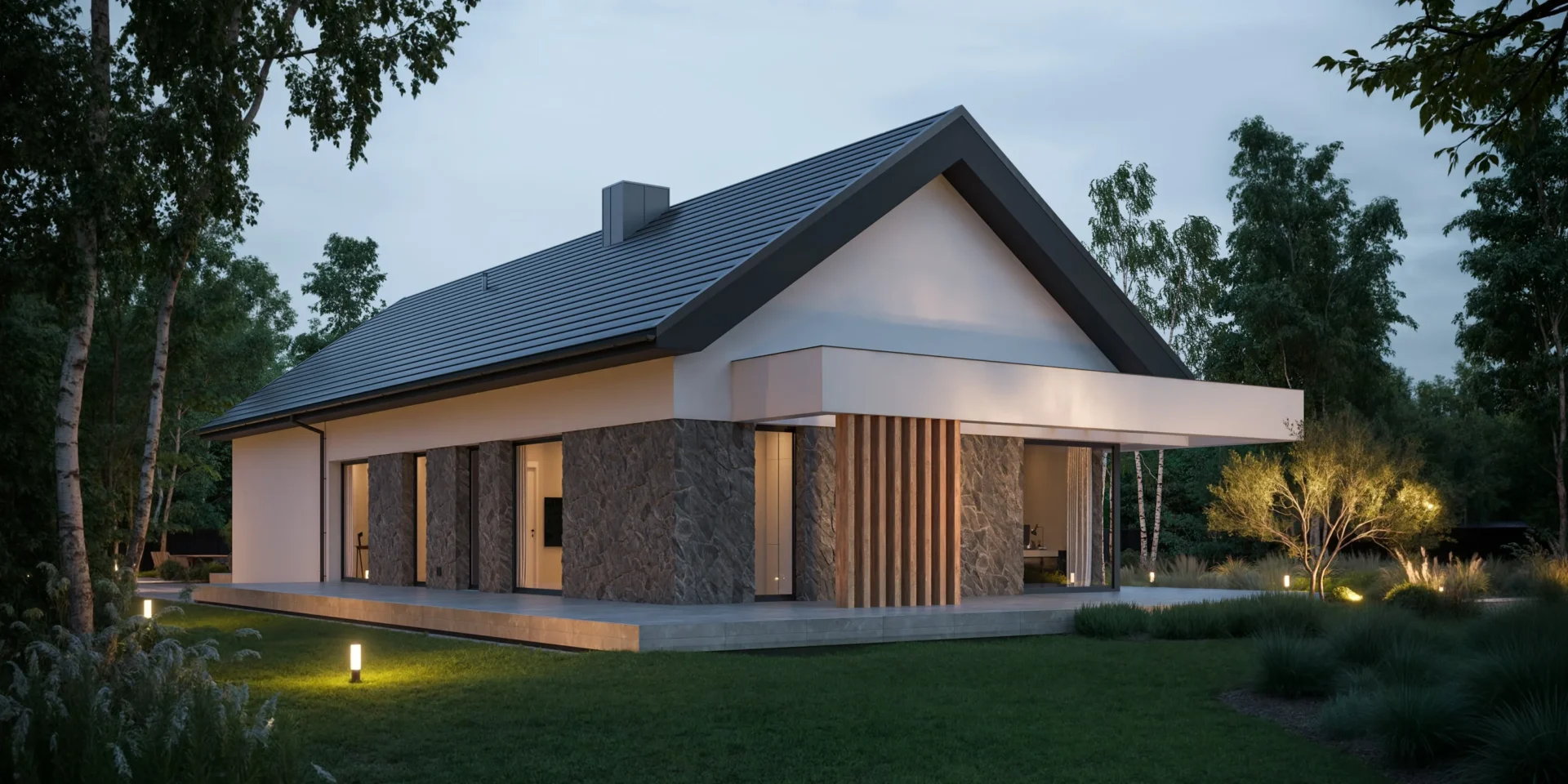 Nowoczesna elewacja domu parterowego: biały tynk, naturalny kamień, biała rama podparta drewnianymi ażurami projekt domu Modern House NewHouse 733