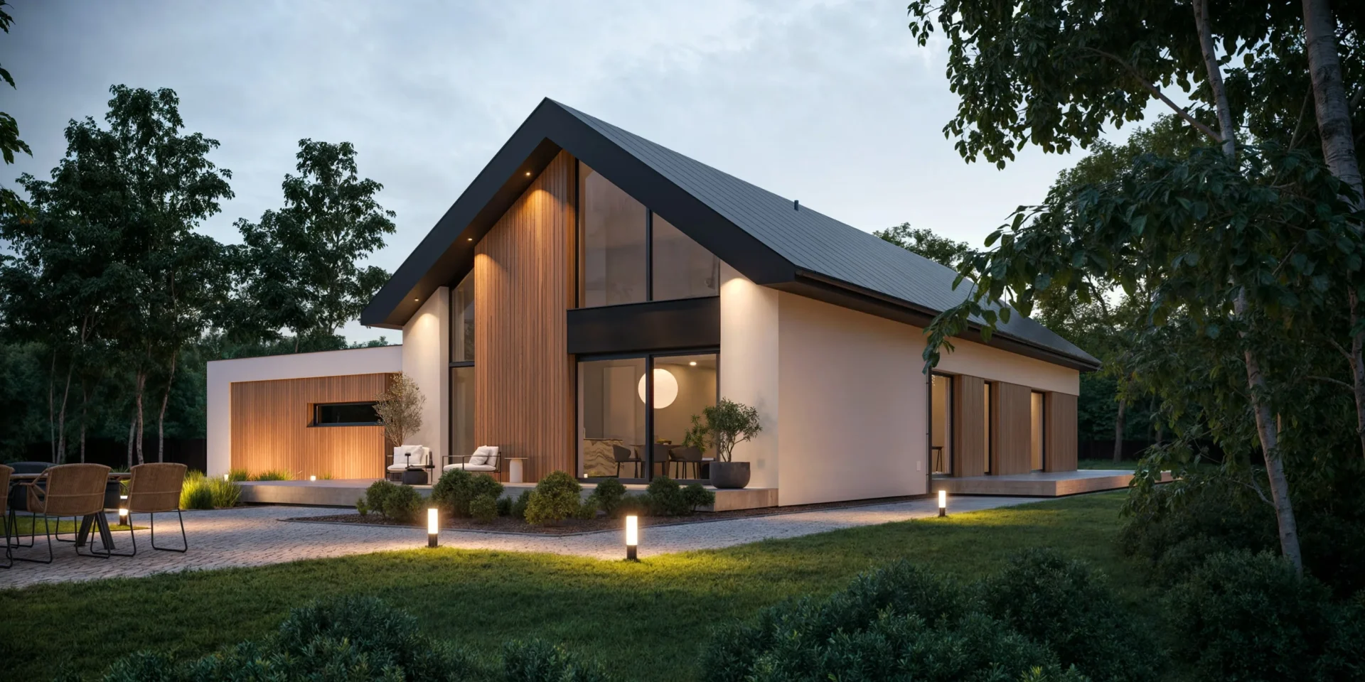 Projekt domu parterowego z wysokim sufitem nad strefą dzienną, dużym przeszkleniem w salonie Modern House NewHouse 732 G2 w1