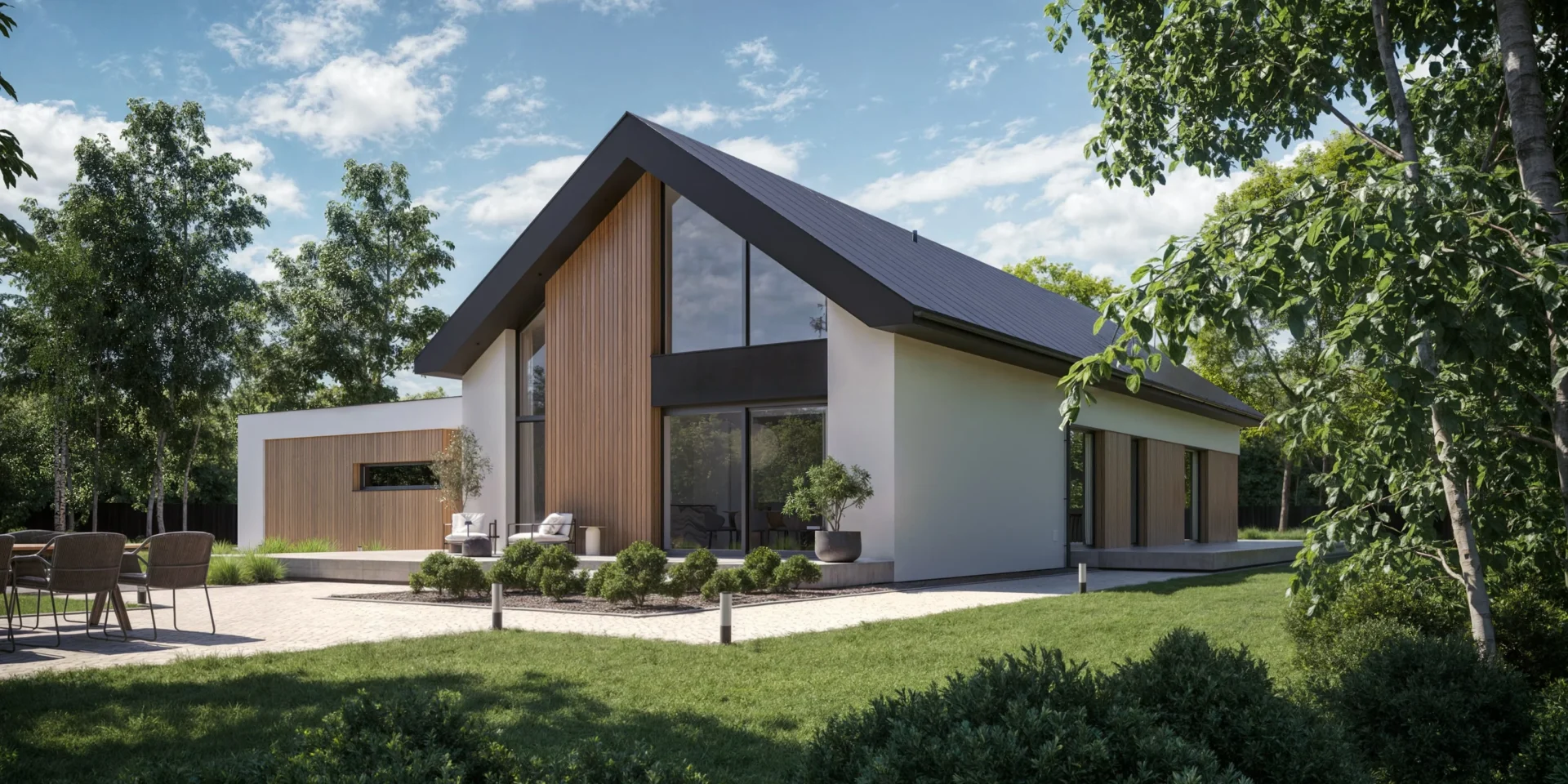 Projekt domu z wysokim sufitem nad salonem, parterowy, dach dwuspadowy, duży garaż Modern House NH 732 G2 w1