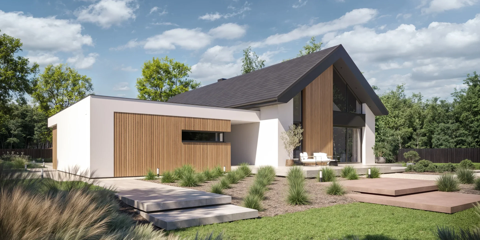 Nowoczesna elewacja z tynku, drewna i kamienia projekt domu dla dużej rodziny NewHouse 733 G2