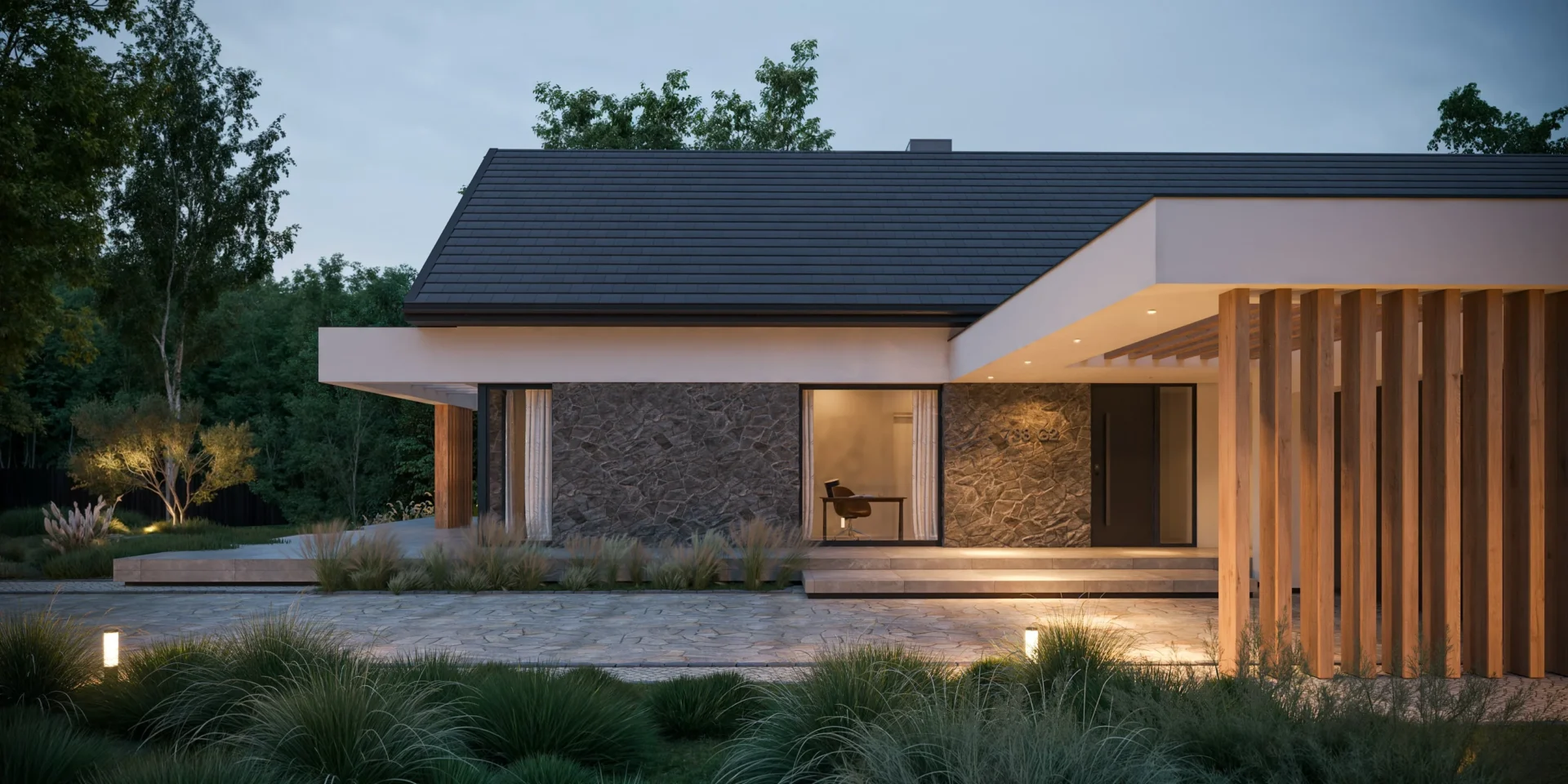 Zadaszona strefa wejściowa do parterowego projektu domu z pergolą i ażurami NewHouse 733 G2