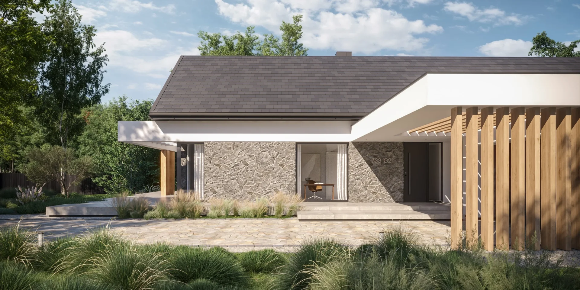 Ażurowa ścianka przy wejściu do projektu domu NewHouse 733 G2