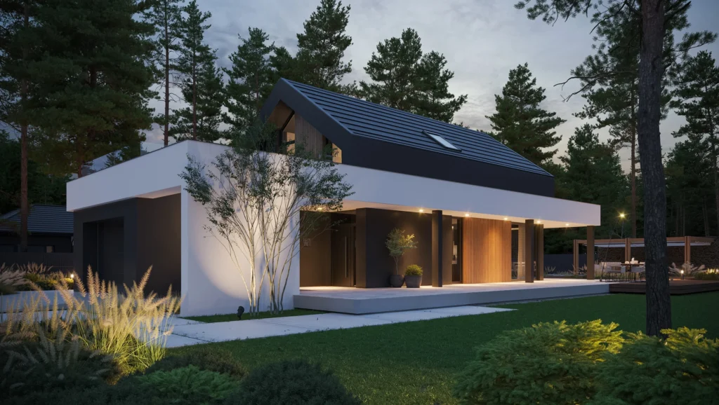 Projekt domu w stylu nowoczesnej stodoły NewHouse 753 G1 w1 Modern House, grafitowa elewacja z drewnem i białą ozdobną belką