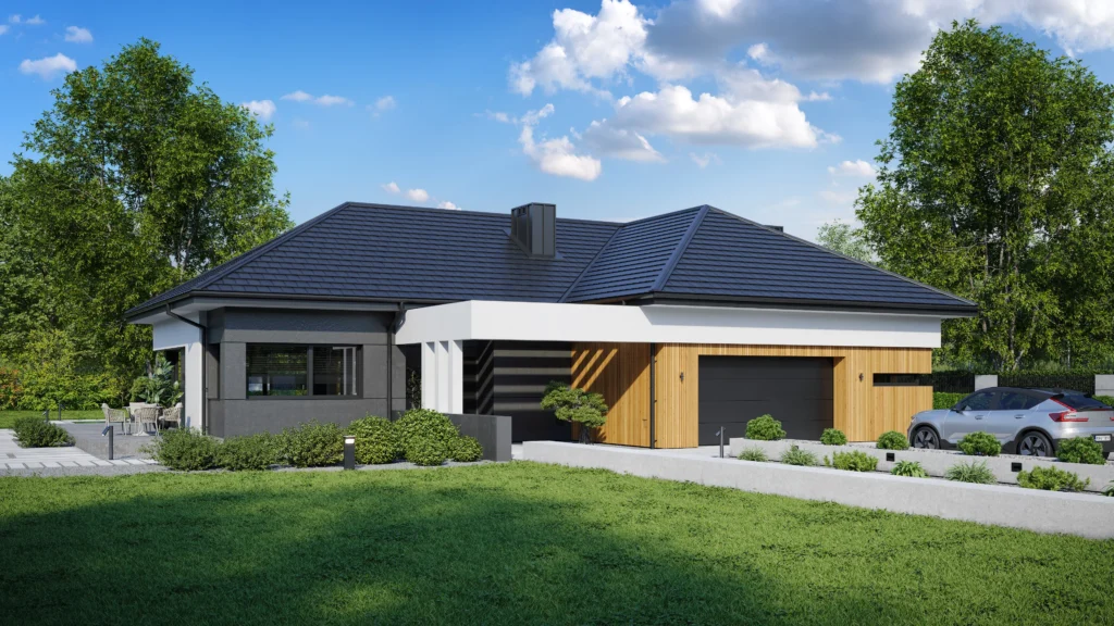Projekty domów parterowych do 150 m² - 10 propozycji MODERN HOUSE 15 Gotowy nowoczesny projekt parterowego domu o powierzchni 133 m2 z garażem dwustanowiskowym Modern House VK 36