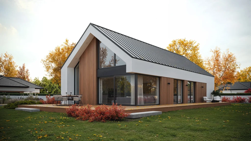 Prezentownik Modern House: podaruj pełnię szczęścia pod choinką! 20 Parterowy dom w stylu nowoczesnej stodoły z trapezowym oknem w salonie projekt NewHouse 730 Modern House