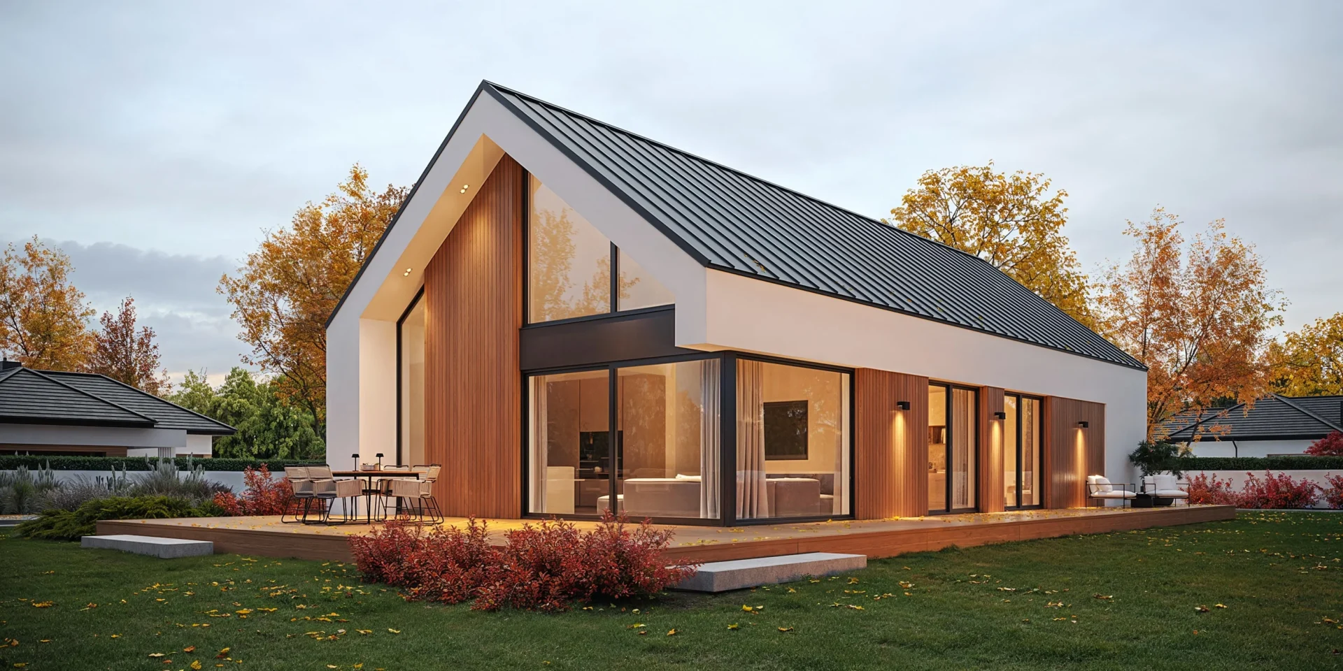 Nowoczesny dom z dużym trapezowym oknem w salonie, dach dwuspadowy kryty blachą projekt NewHouse 730 Modern House