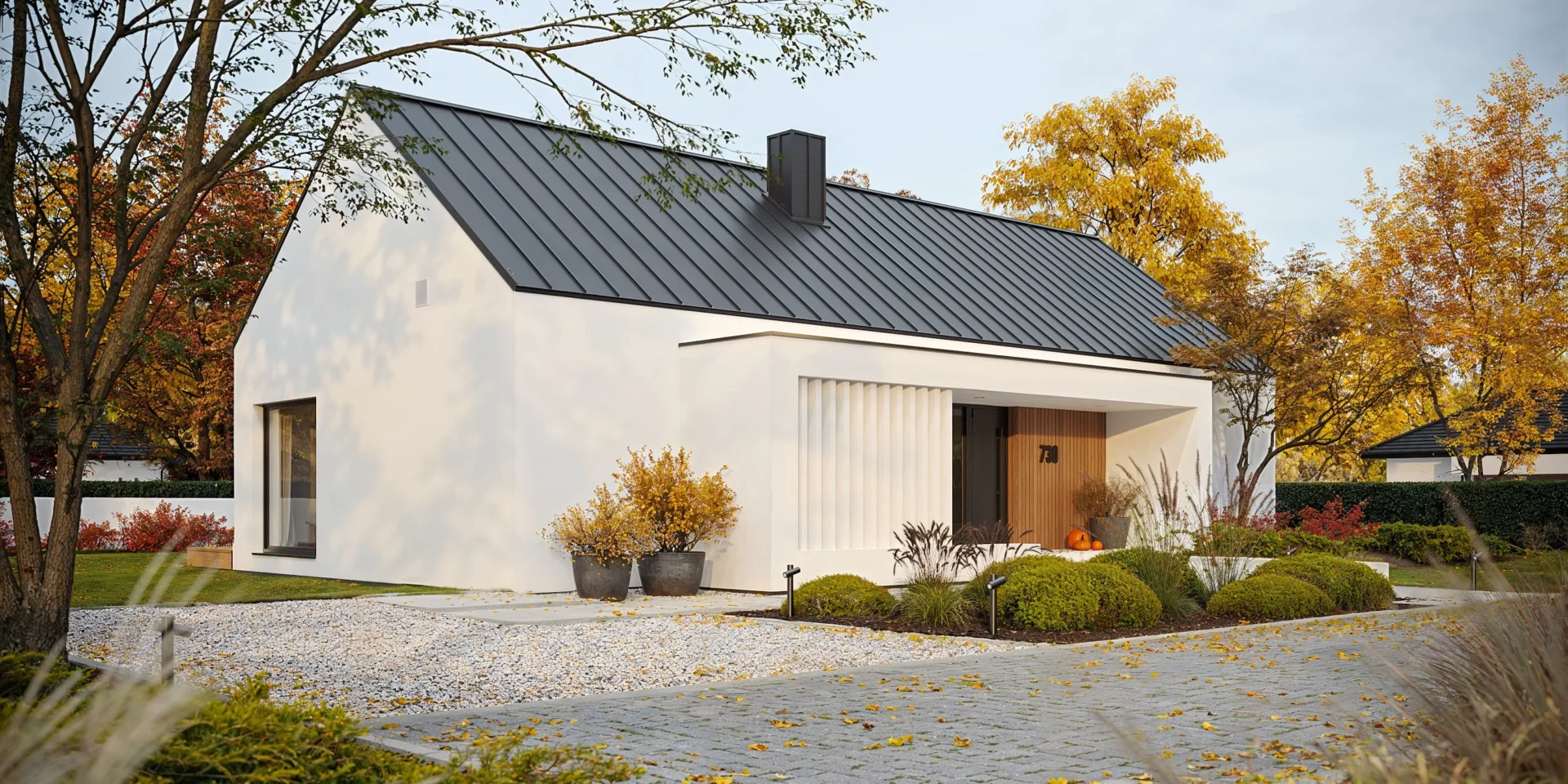 Parterowy dom na płytką działkę z dwuspadowym dachem projekt NewHouse 730 Modern House