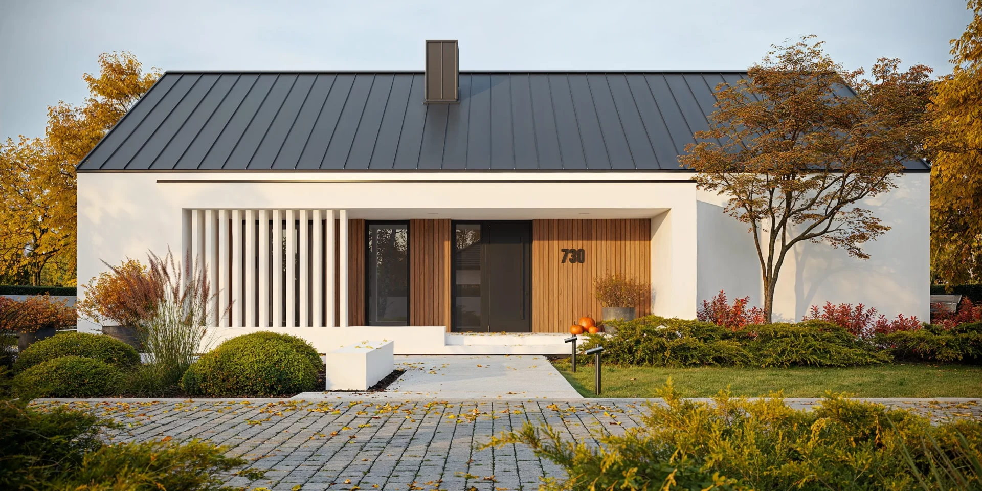 Projekt domu parterowego NewHouse 730 Modern House z zadaszoną strefą wejściową podpartą ozdobnymi słupkami