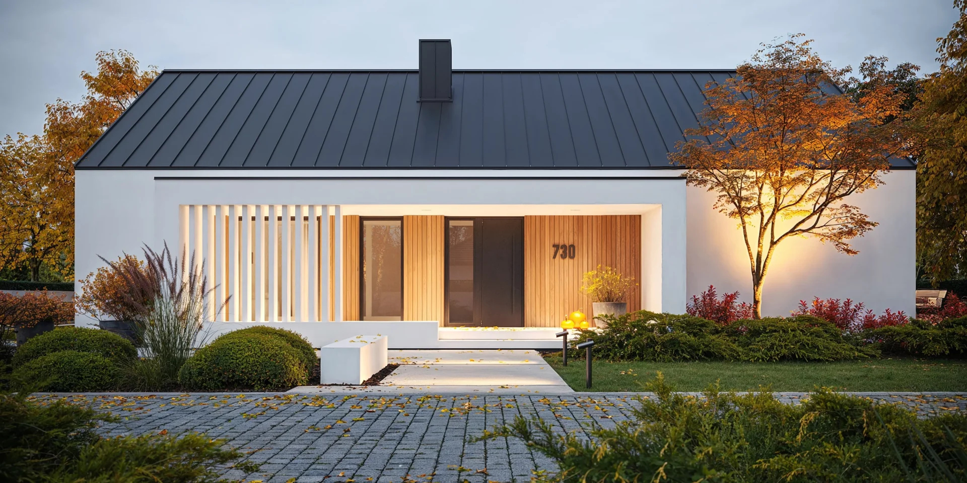 Parterowy dom stodoła z ciekawie zadaszonym wejściem podpartym szpalerem białych słupków projekt NewHouse 730 Modern House