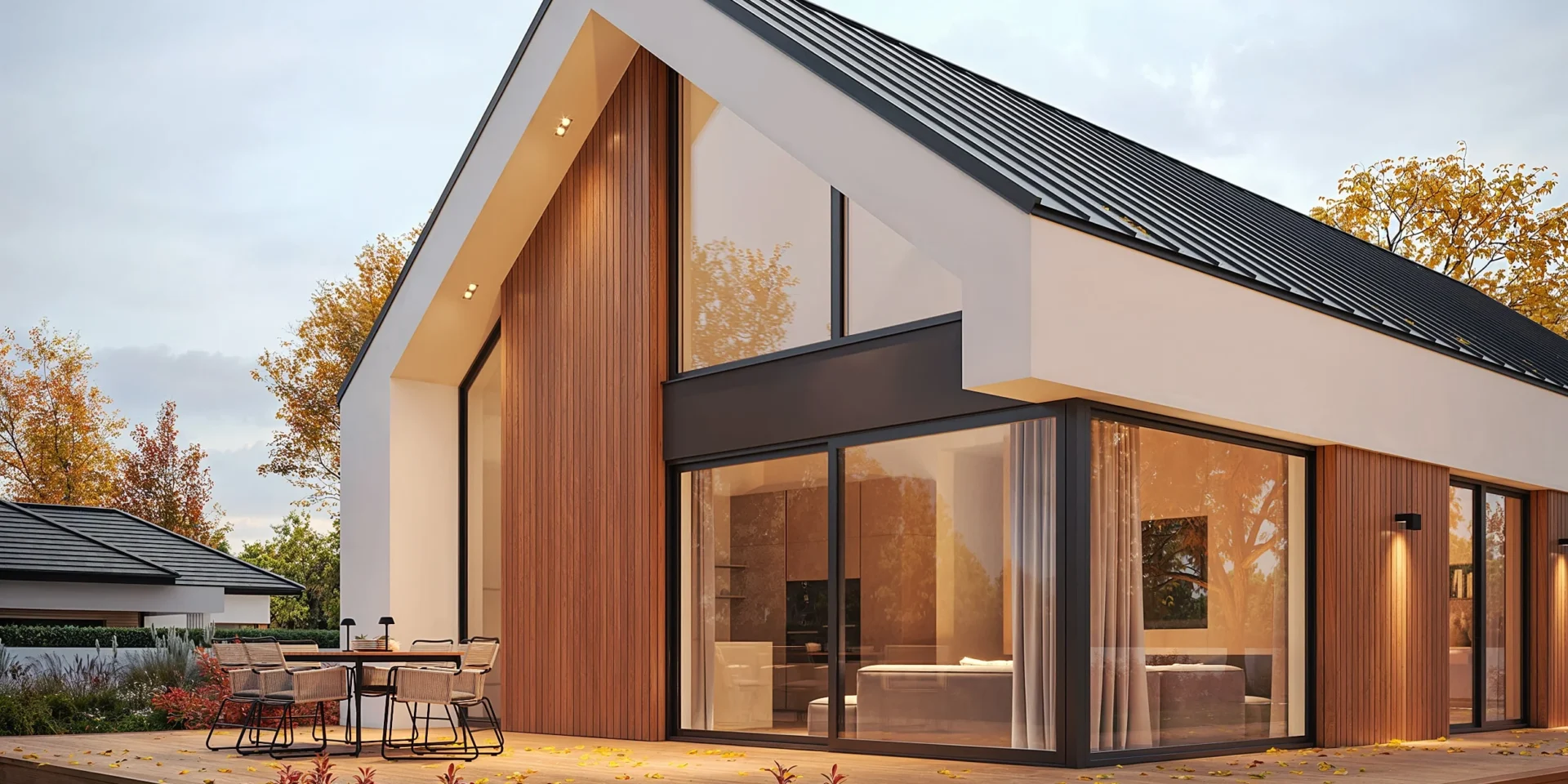 Duże przeszklenia ściany szczytowej w domu z dachem dwuspadowym projekt NewHouse 730 Modern House