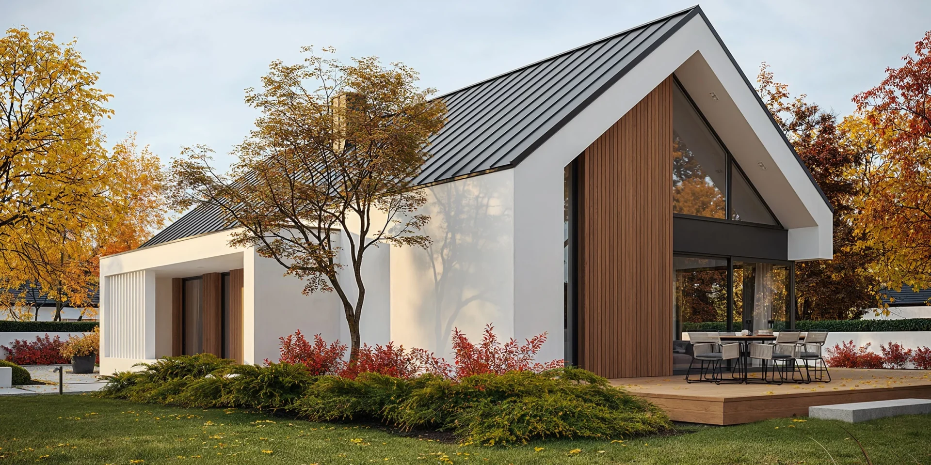 Nowoczesna stodoła z trapezowym oknem podzielonym belką projekt NewHouse 730 Modern House