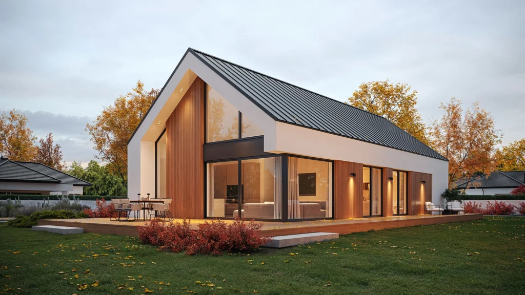 Projekt domu NewHouse 730 G2 w1 – nowoczesny parterowy dom stodoła z panoramicznymi przeszkleniami i trapezowym oknem w salonie