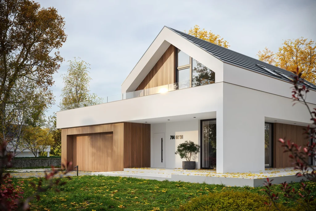 Nowoczesny dom z użytkowym poddaszem, przeszkloną ścianą sypialni i garażem na dwa auta Dom stodoła z garażem dwustanowiskowym wysuniętym przed bryłę budynku NewHouse 794 G2 w1 Modern House