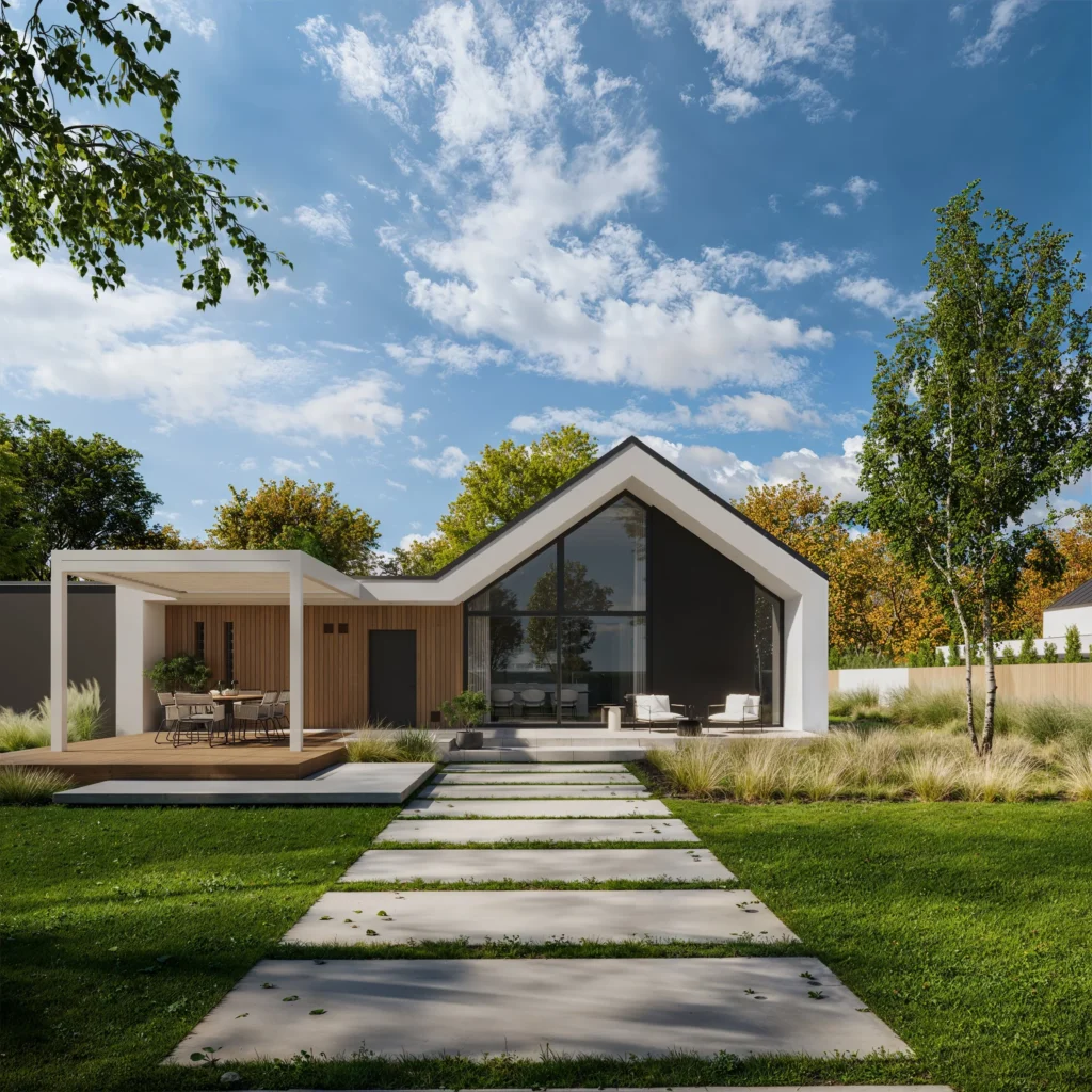 NewHouse 719 w3 G2 parterowy dom z wysokim sufitem nad salonem i dużym przeszkleniem