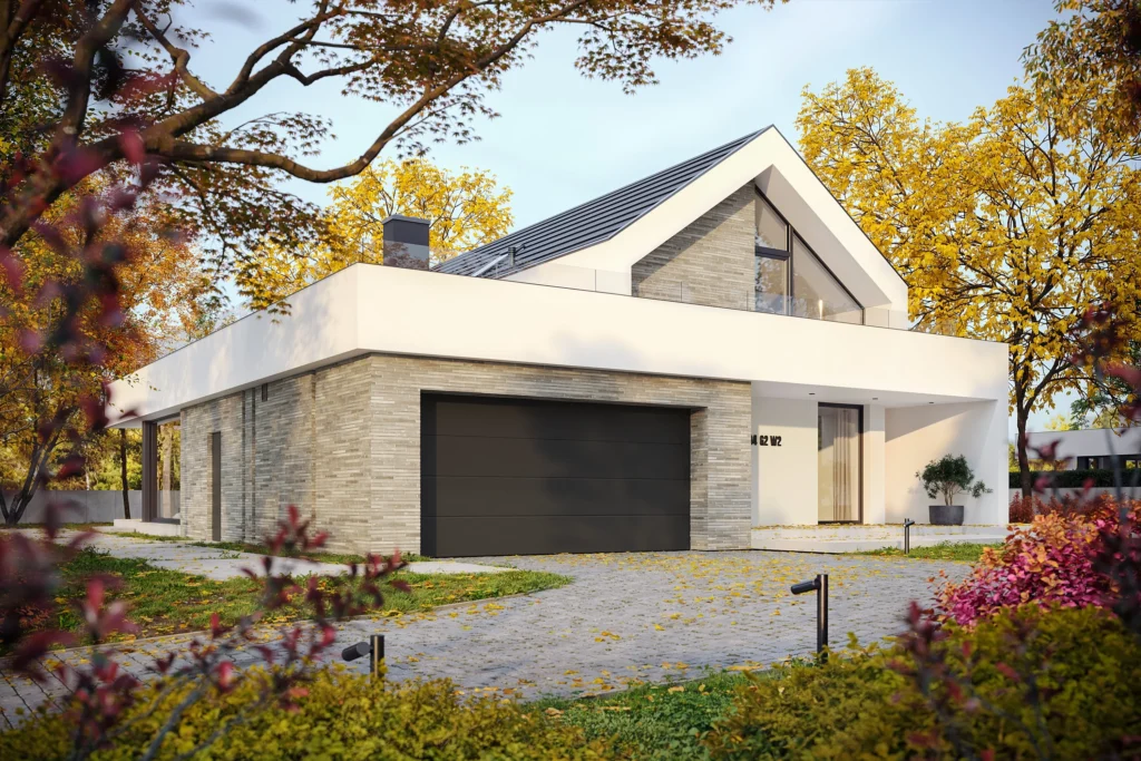 Pełnia Premier: zobacz nowe projekty nowoczesnych domów z 2025 roku 9 Projekt Brick House 794 G2 w2 – dom z przestrzenią tarasową na dachu garażu