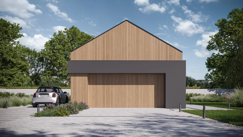 Dwustanowiskowy garaż w nowoczesnym stylu z elewacją w lamelach projekt garażu Modern House Garage G 08