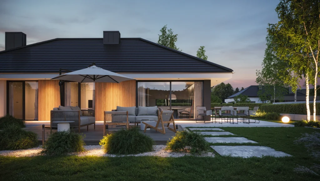 Klimatyczne oświetlenie wokół domu projekt NewHouse 760 w1 Modern House