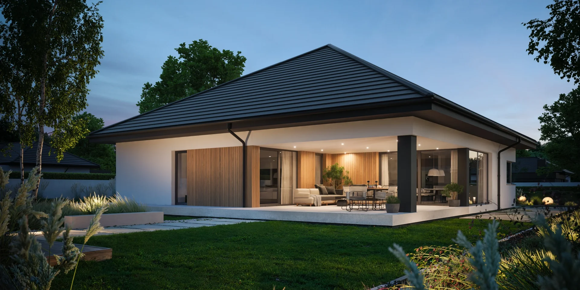 Nowoczesny dom z zadaszonym tarasem usytuowanym w narożniku projekt katalogowy Modern House NewHouse 761 w3