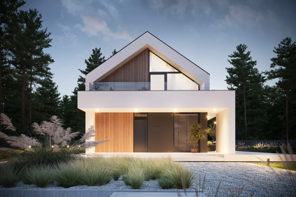Mały dom z poddaszem użytkowym na wąską działkę projekt katalogowy Modern House NewHouse 750