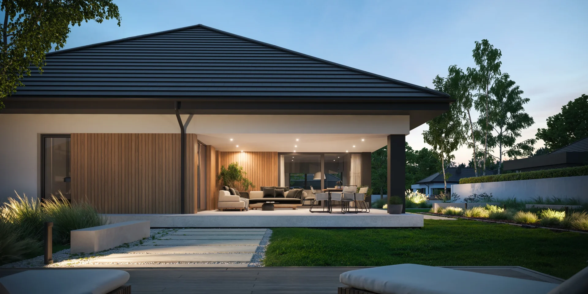 Parterowy projekt domu Modern House NewHouse 761 w3 z zadaszonym tarasem