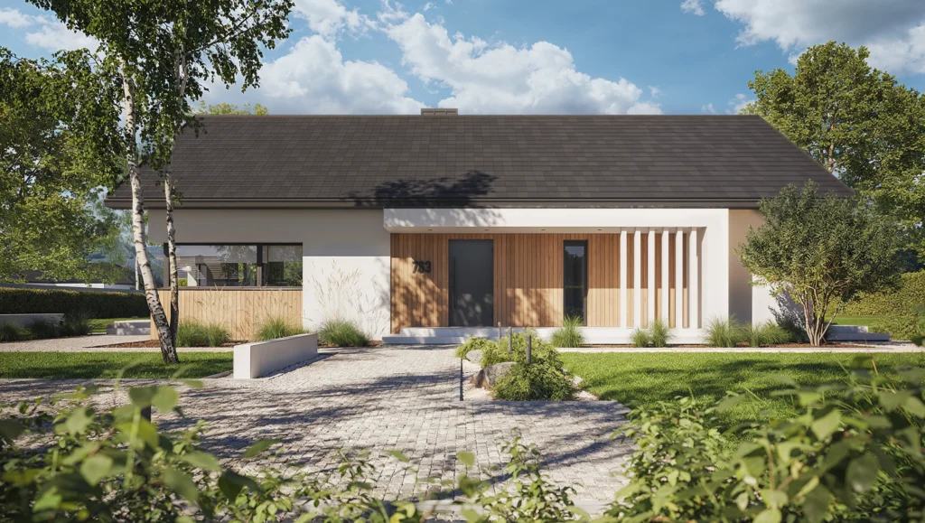Prezentownik Modern House: podaruj pełnię szczęścia pod choinką! 23 Nowoczesna parterówka z zadaszonym wejściem, ozdobną ażurową ścianką i dachem dwuspadowym – projekt domu NewHouse 763