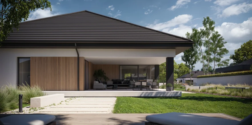 Parterowy dom Modern House NewHouse 761 w3 z dużym zadaszonym tarasem