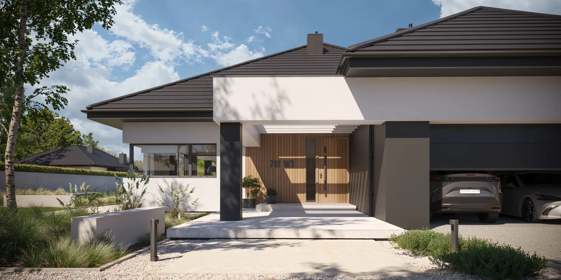 Strefa wejściowa do parterowego domu według projektu katalogowego Modern House NewHouse 761 w3, ozdobne belkowanie od garażu do wejścia