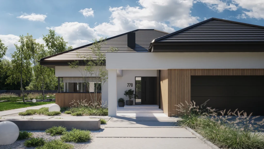 Parterowy dom z wielospadowym dachem i belkowaniem nad wejściem katalogowy projekt domu Modern House New House 770