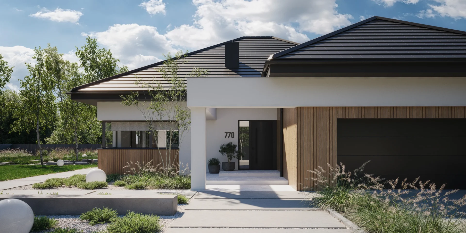 Parterowy dom z garażem i ozdobnym belkowaniem przed wejściem Modern House NewHouse 770