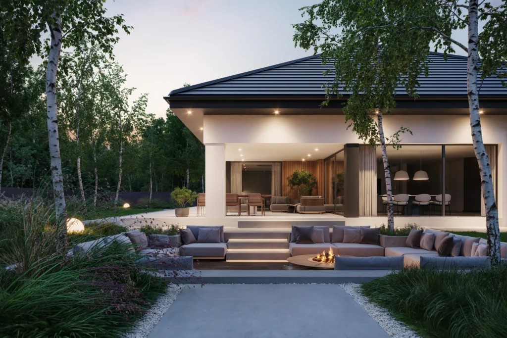 Parterowy dom z dużymi oknami w salonie i zadaszonym tarasem Modern House New House 770