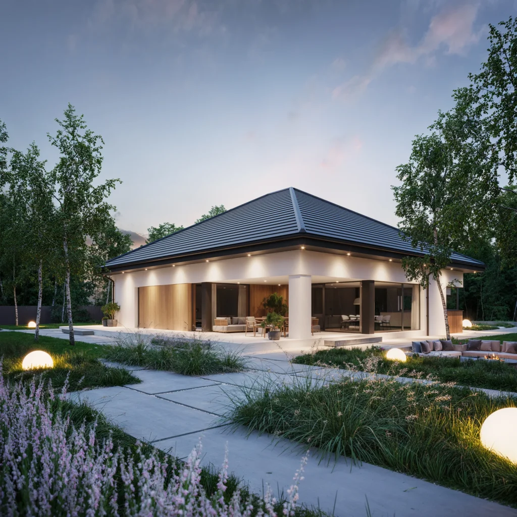 Parterowy dom o powierzchni 160 m2 z zadaszonym tarasem projekt katalog Modern House New House 770