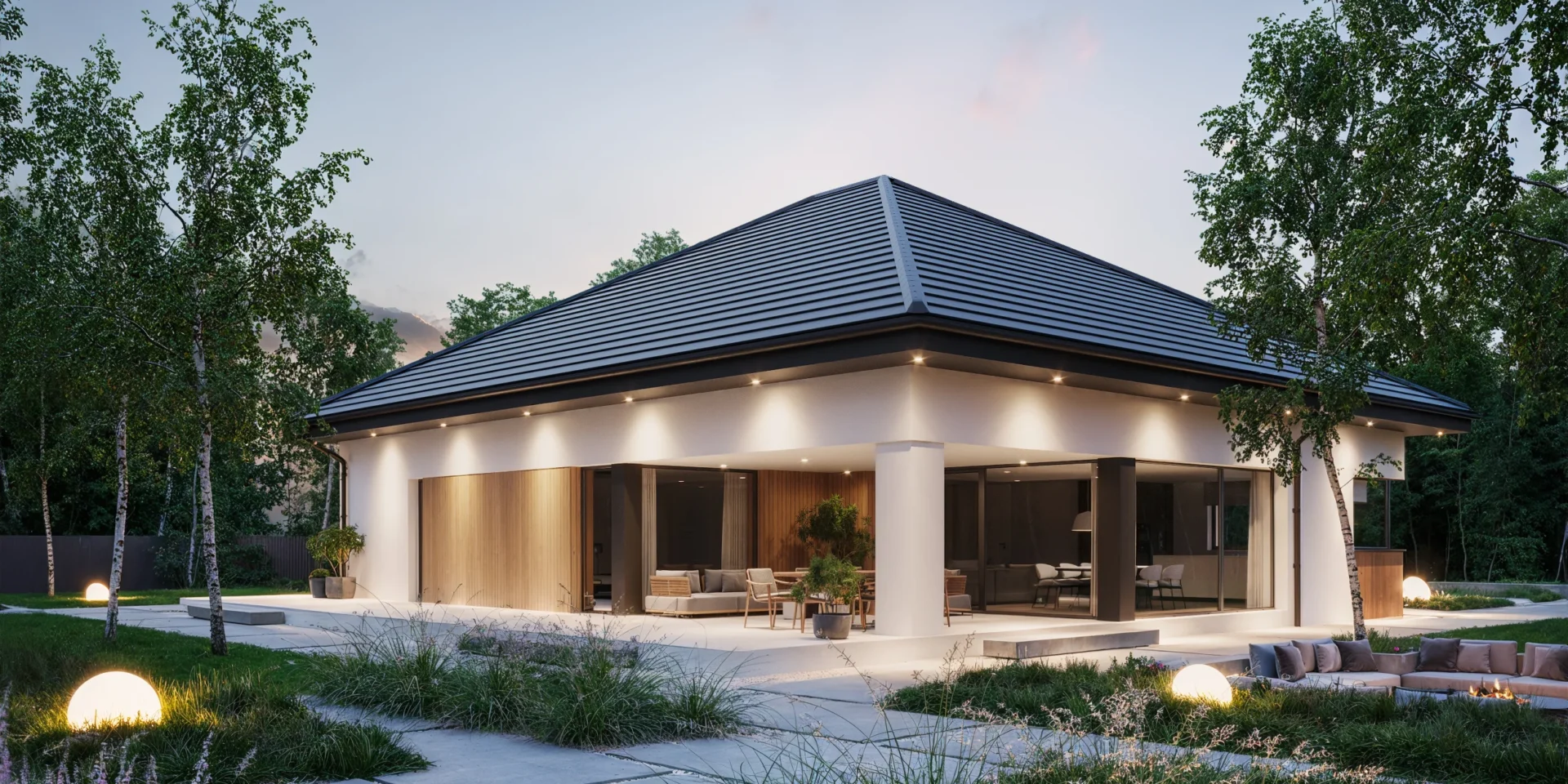 Parterowy projekt domu z zadaszonym tarasem w narożu budynku projekt domu Modern House 770 New House