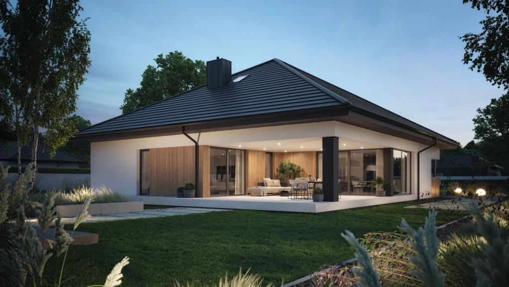 Narożny, zadaszony taras w gotowym projekcie parterowego domu z 3 sypialniami NewHouse 761 w7 Modern House