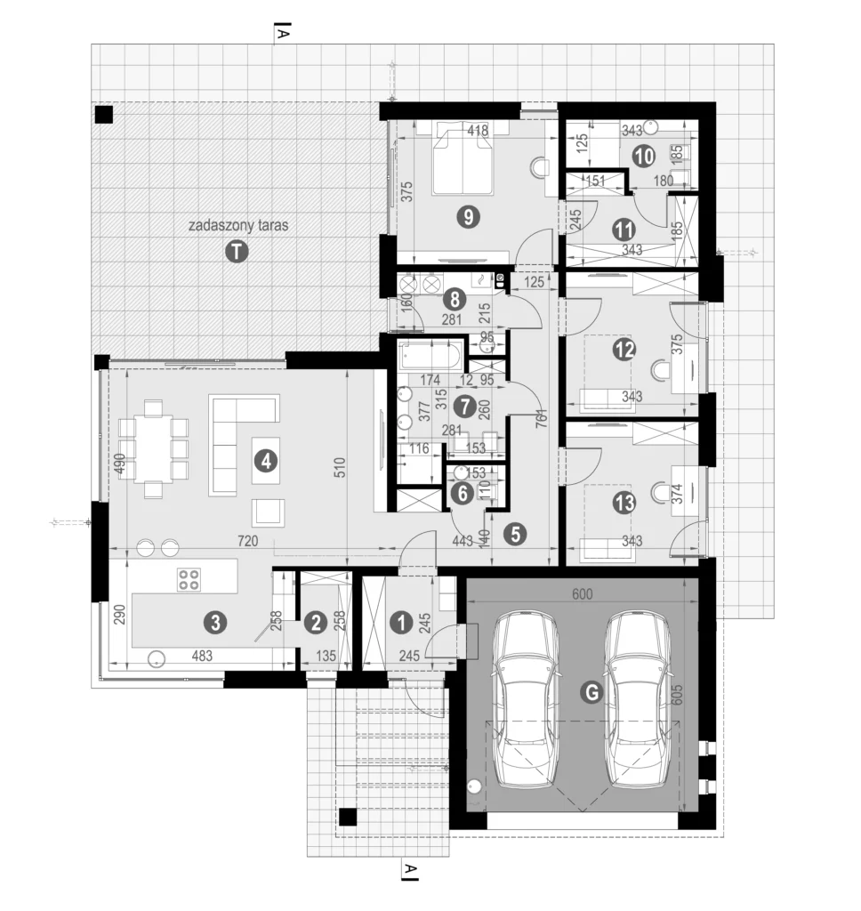 Układ pomieszczeń domu z 3 sypialniami Modern House NewHouse 761 w4