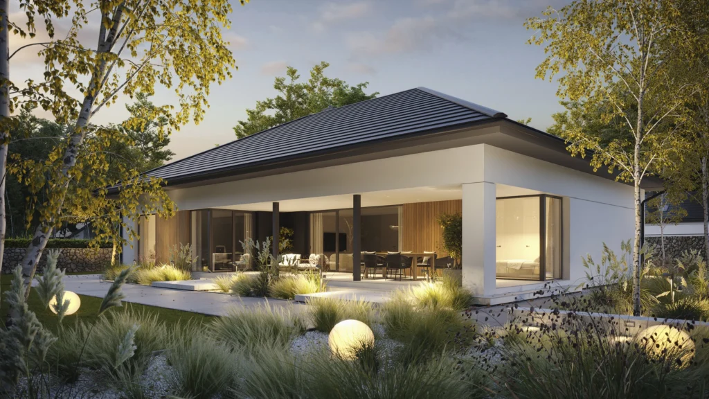 Gotowy projekt domu do 150 m² – nowoczesny parterowy NewHouse 780 z zadaszonym tarasem.