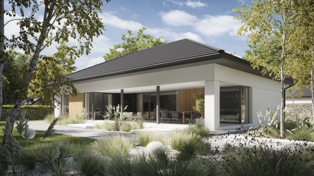 Dlaczego można zakochać się w nowoczesnych projektach domów Modern House? 7 Zadaszony taras domu NewHouse 780 – komfortowa przestrzeń wypoczynkowa przy salonie i jadalni.