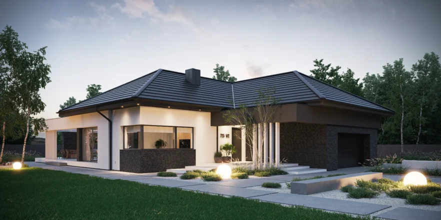 Projekt domu parterowego z garażem wysuniętym i dachem spadzistym Modern House NewHouse 725 w2