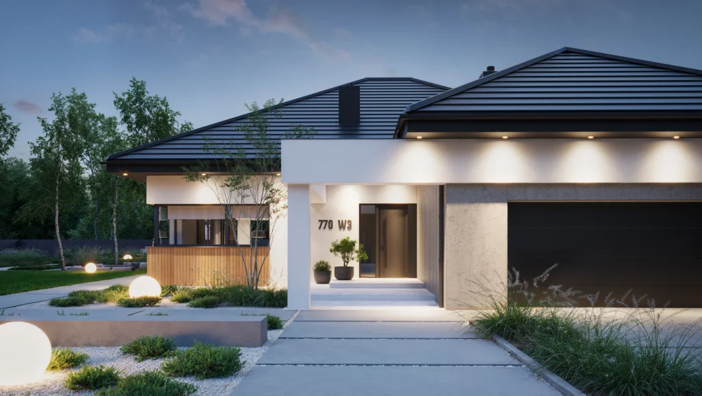 Pełnia Premier: zobacz nowe projekty nowoczesnych domów z 2025 roku 13 03 Katalogowy projekt domu parterowego z czterema sypialniami zadaszonym tarasem i poddaszem do adaptacji Modern House New House 770 w3
