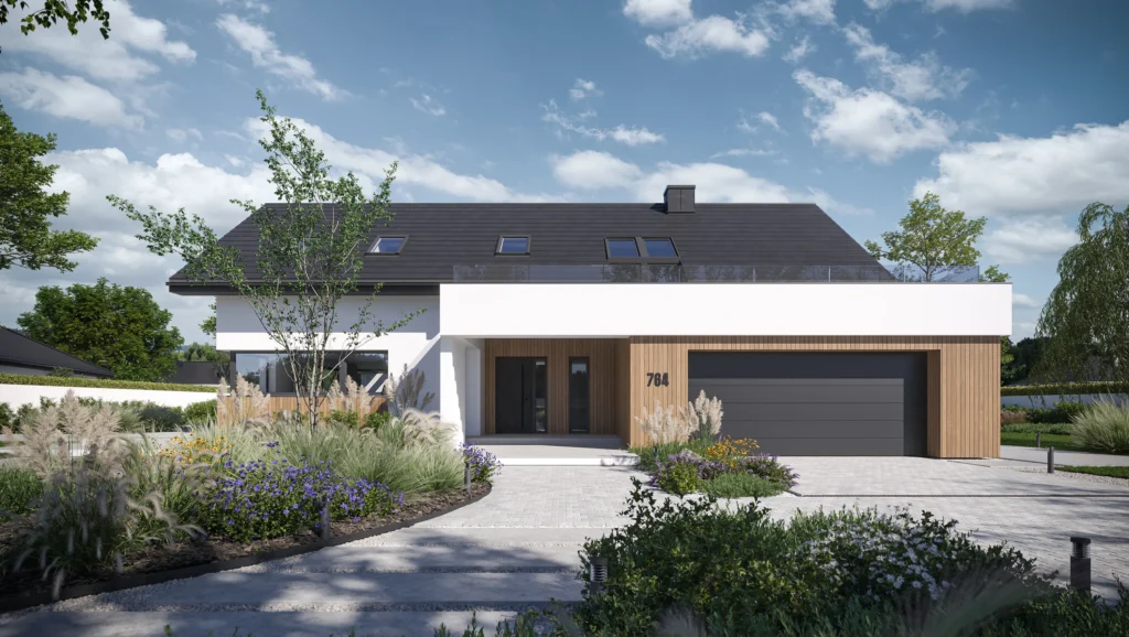 Pełnia Premier: zobacz nowe projekty nowoczesnych domów z 2025 roku 15 04 Katalogowy projekt domu Modern House NewHouse 764 dom z poddaszem 5 pokoi salon 40 metrow garaz na 2 auta