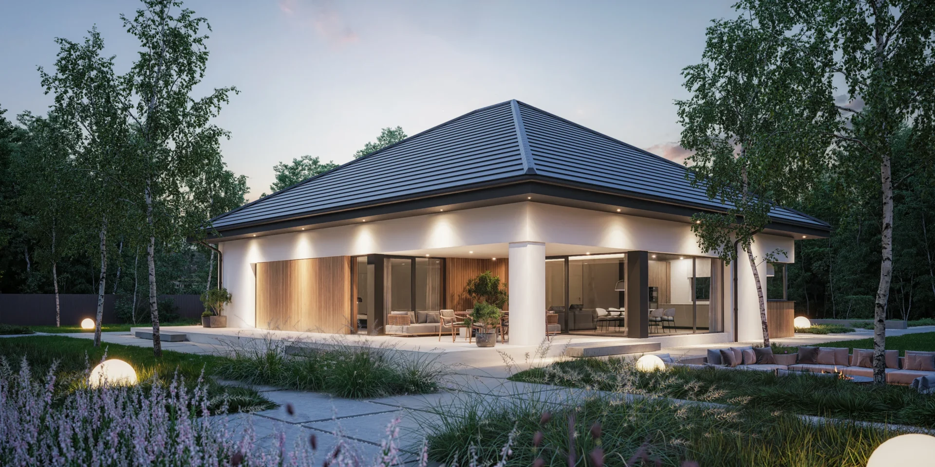 Widok na ogrodową część domu parterowego z dachem wielospadowym i zadaszonym tarasem Modern House NewHouse 770w1